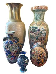 Group Of Five Oriental, Porcelain And Brass Vases And More .