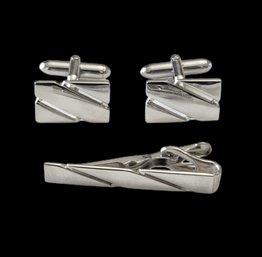 Stunning Vintage Grand Prix Sterling Silver Cufflinks/Tie Clip Set With Box