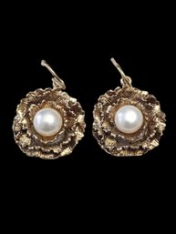 Vintage Sterling Silver Vermeil And Pearl Style Earrings