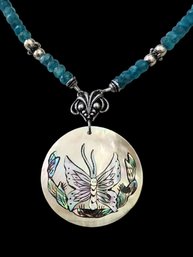 Beautiful Vintage Beaded Sterling Silver Abalone Butterfly Necklace