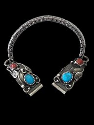 Gorgeous Vintage Native American Sterling Silver Navajo Running Bear Turquoise/Coral Watch Band