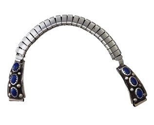 Beautiful Vintage Native American Sterling Silver Navajo Lapis Watch Band, Stamped S C Sterling