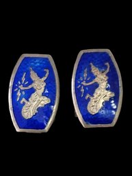 Vintage Sterling Silver Siam Blue Enamel Clip On Earrings