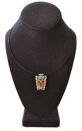 Beautiful Vintage Native American Sterling Silver Turquoise/Coral Inlay Necklace