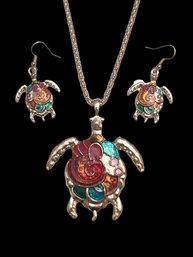 Adorable Turtle Multi Color Enamel Necklace/Earrings Set