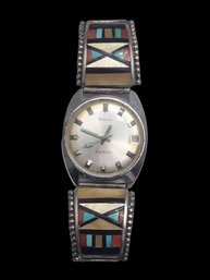 Gorgeous Vintage Zuni Sterling Silver Native American Turquoise/Coral/Mother Of Pearl Inlay Watch