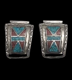 Beautiful Vintage Native American Sterling Silver Turquoise/Coral Inlay Watch Band Parts