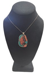 Vintage Italian Sterling Silver Necklace With Turquoise And Coral Color Pendant