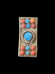 Vintage Native American Style Turquoise Coral Color Rectangular Ring, Size 8