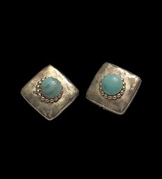 Vintage Square Puffy Turquoise Color Clip On Earrings