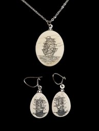 Vintage Scrimshaw Style Earrings Necklace Set