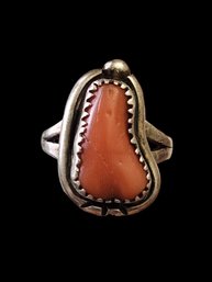 Vintage Native American Sterling Silver Coral Color Ring, Size 5