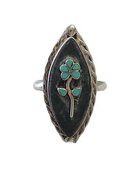 Vintage Native American Sterling Silver Turquoise Flower Ring, Size 7