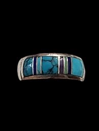 Vintage Native American Sterling Silver Turquoise Inlay Ring, Size 6