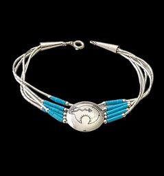 Gorgeous Native American Sterling Silver Bear Turquoise Color Beaded Bracelet