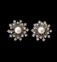 Vintage Sterling Silver Pearl Rhinestone Clip On Earrings