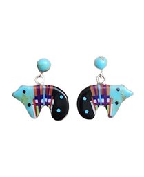 Beautiful Native American Sterling Silver Bear Multi Color Inlay Earrings