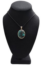 Vintage Sterling Silver Turquoise Color Pendant On Rope Necklace