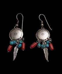 Gorgeous Native American Sterling Silver Turquoise Coral Color Feather Earrings