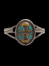 Gorgeous Vintage Native American Sterling Silver Turquoise Multi Color Inlay Bracelet