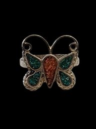 Vintage Sterling Silver Turquoise Coral Inlay Butterfly Ring, Size 6