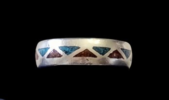 Vintage  Native American Stainless Steel Turquoise Coral Color Inlay Ring, Size 12