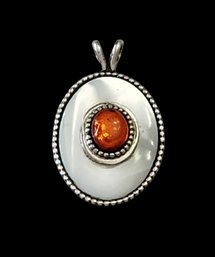 Vintage Sterling Silver Amber Mother Of Pearl Pendant