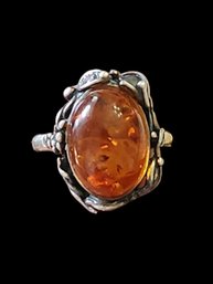 Beautiful Vintage Sterling Silver Amber Ring, Size 5.5