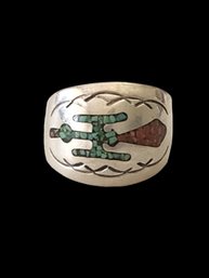 Vintage Native American Sterling Silver Turquoise Coral Color Inlay Ring, Size 6