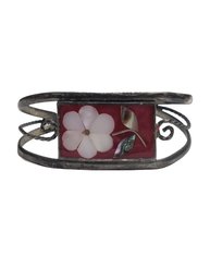 Beautiful Vintage Mexican Alpaca Silver Enamel  Mother Of Pearl Abalone Inlay Flower Bracelet