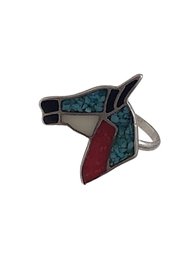 Vintage Sterling Silver Turquoise Coral Color Inlay Horse Ring, Size 5.5