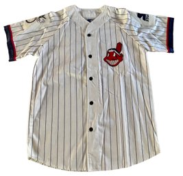 NWOT Cleveland Indians Pinstripe Chief Wahoo Logo STARTER Pinstripe Baseball Button Up Shirt Sz Med