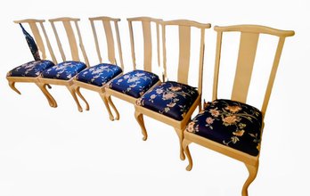 Six Lacquered Dining Chairs With Floral Navy Upholstery