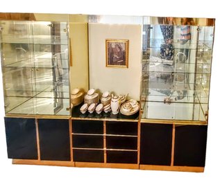 Fabulous Retro Chic China Cabinet 3 Piece Unit With Glass Shelving  Brass Trim And Navy Laminated Drawers