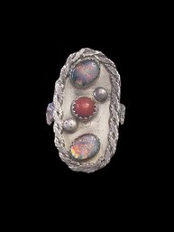 Vintage Sterling Silver Native American Coral Opal Color Ring, Size