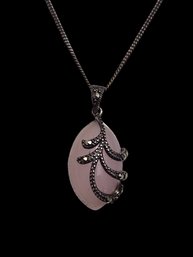 Vintage Italian Sterling Silver Necklace With Sterling Silver Marcasite Pink Pendant From Thailand