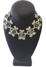 Stunning Vintage Sterling Silver Malachite Taxco Mexico Necklace,  Stamped Silver Mexico, Adjustable 14-15.5'