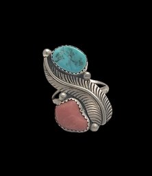 Gorgeous Vintage Native American Sterling Silver Turquoise Coral Feather Ring, Size 5