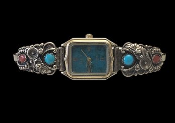 Gorgeous Vintage Native American Sterling Silver Turquoise Coral Watch