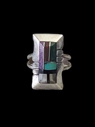 Vintage Native American Sterling Silver Mother Of Pearl, Turquoise, Onyx Ring, Size 8