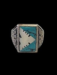 Vintage Sterling Silver Turquoise Mother Of Pearl Ring, Size 12