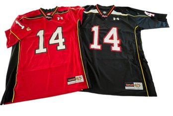 NWOT Lot Of 2 Under Armour TERPS Jerseys Identical, Red & Black- Maryland Sz.L