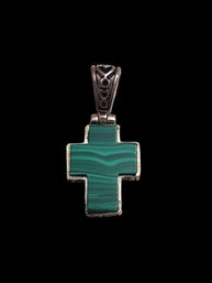 Gorgeous Vintage Sterling Silver Malachite Cross Pendant