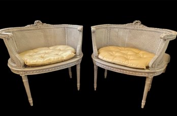 PAIR French Caned Louis XVI Style Boudoir Side Chairs With Silk Cushions