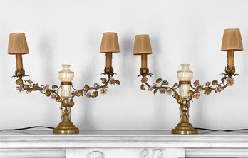 PAIR Sweet French Table Candelabras With Bud Vase & Vine Floret Detail