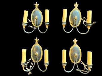 Four Antique Double Arm Wall Sconces With Brass And Black Detail