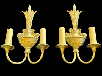 Pair Of Double Arm Feather And Urn Design Brass Sconces