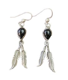 Vintage Native American Sterling Silver Onyx Feather Earrings