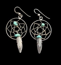 Vintage Sterling Silver Native American Turquoise Dream Catcher Earrings