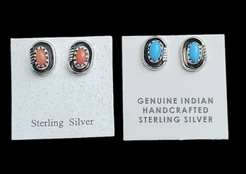 Lot Of Vintage Native American Sterling Silver Turquoise Coral Stud Earrings